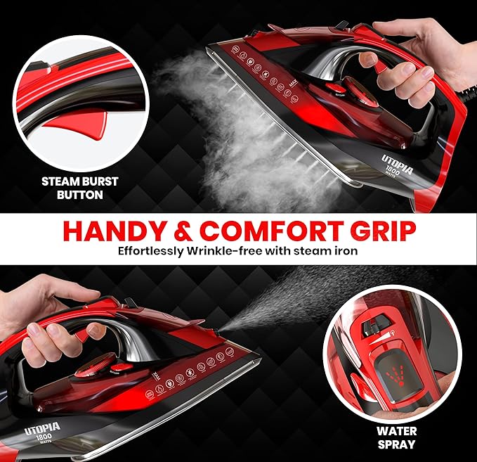 Utopia Home Steam Iron for Clothes - Non-Stick Soleplate - 1800W Clothes Iron With Auto-Off Safety Feature - Adjustable Thermostat Control, Variable Steam Control, Self-Clean, 8 Feet Cord (Black/Red)