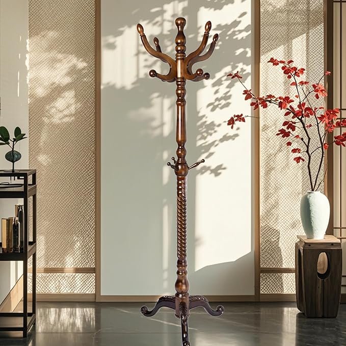 Coat Rack Freestanding,Solid Wooden Coat Rack Stand with 3 Height Options,14 Hooks, Natural Birch Coat Tree Easy to assemble for Clothes Jacket Hat bag Entryway (mahogany) (retro)
