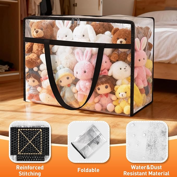 Clear Under Bed Storage Containers - 8 Pack Large Capacity Clothes Storage Bags with Lid & Sturdy Handles, Foldable Moving Bags, Clothing Organizer Totes for Bedding, Comforter, Sheet（90 L）