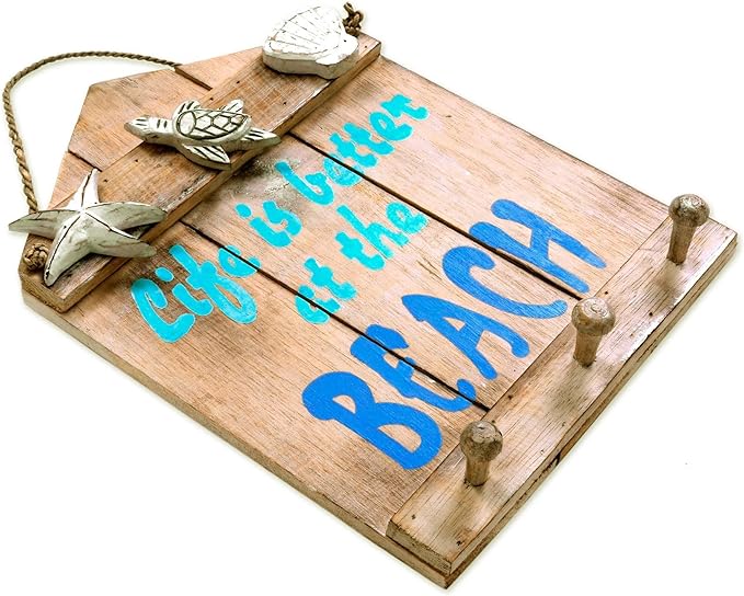 NOVICA Albesia Wood Sea Life Coat Rack Key Holder With Natural Agel-Grass Cord, 'Life Is Better At The Beach'