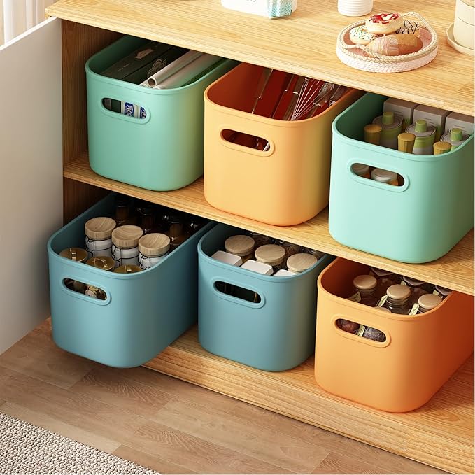 6 Pack Colorful Storage Bins with Lids Stackable Storage Container for Organizing, Storage Boxes with Handle for Shelves, Cute Storage Bin for Craft, Snacks, 9.85x6.9x5.7 inch
