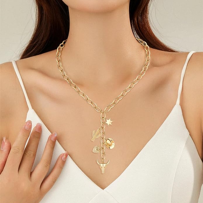 Chunky Gold Necklace for Women Gold Evil Eye Cowboy Pendant Necklace Dainty Paperclip Chain Vintage Luck Amulet Choker Necklaces Celestial Jewelry Gift