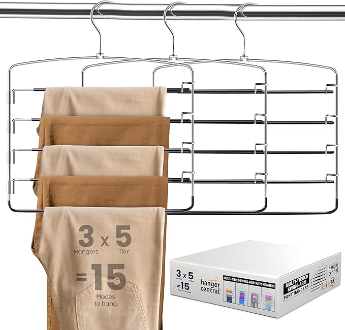 Hanger Central 3 Pack Space Saving Swing Arm Pants Hangers – 5 Tier Stainless Steel Multi-Layer Closet Organizer for Jeans, Slacks, Trousers, Skirts – Non Slip Hangers for Clothes, Black