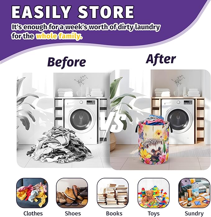 Hedgehog Laundry Basket Oxford Cloth 18.9H x 16.5Dia Foldable with Reinforced Handle Portable Colorful Flowers Storage Organizer for Home Laundry/Bedroom/Kids Room
