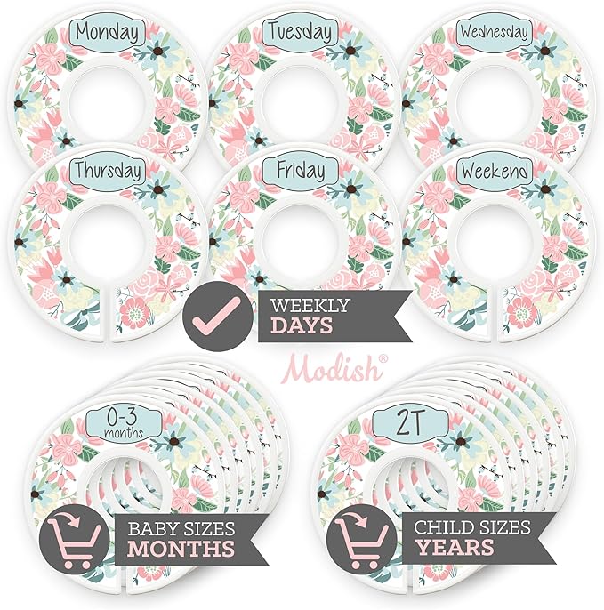 Days of The Week Clothes Organizer, Modish Labels Weekly Monday Through Friday Kids Closet Organization, Hanging School Clothes Organizers Sets, Girl Boho Vintage Blue Floral Children Room Décor