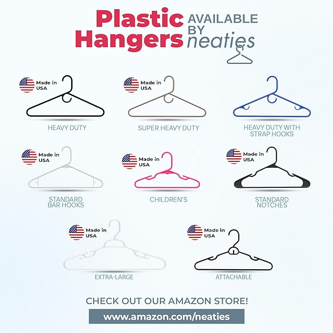 Neaties Plastic Hangers 50 Pack (60 Count) – Made in The USA – 6lb Capacity Standard Clothes Hangers with Strap Hooks for Dresses, Lingerie, Shirts, Pants, and Jackets – White