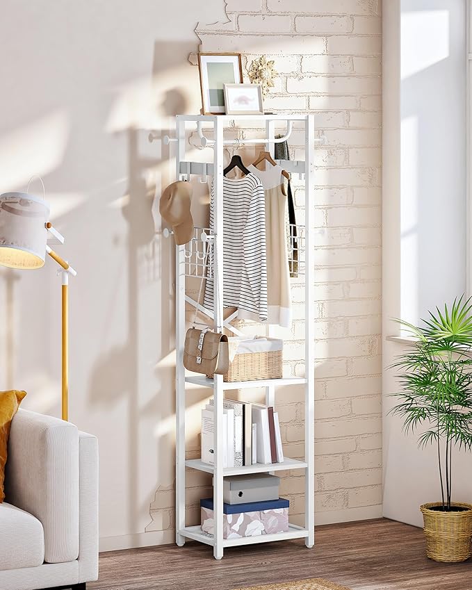 Coat Rack with Shelves, Freestanding Hall Tree, Coat Tree with 16 Hooks and Hanging Rail, Industrial Clothes Stand for Entryway, Hallway, Bedroom, White TYM18WB