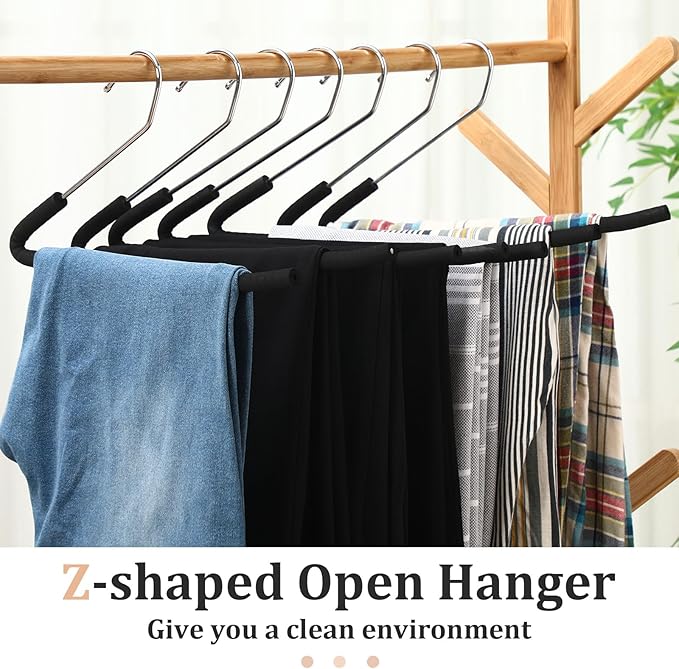 Open Ended Padded Pants Hangers Non Slip Foam Sponge Coated Pant Hangers for Men and Women Plating Anti Rust Chrome Metal for Closet Jeans Slacks Towel Skirt Organizer, Black(50 Pack)
