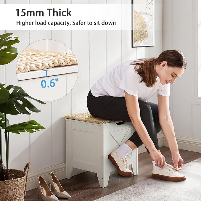 VECELO 17.7" Storage Bench, Entryway Shoe Ottoman, Farmhouse Style Bench with Handwoven Cushion and Metal Safety Hinges, for Bedroom, Living Room, Entryway, White