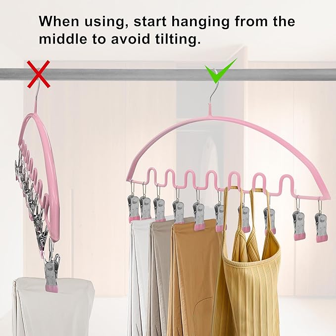 Legging Organizer for Closet,Metal Wave Design Pants Hanger with 10 Clips 7 Hooks, Closet Storage for Pants, Skirts, Hats (Pink, 4Pack)