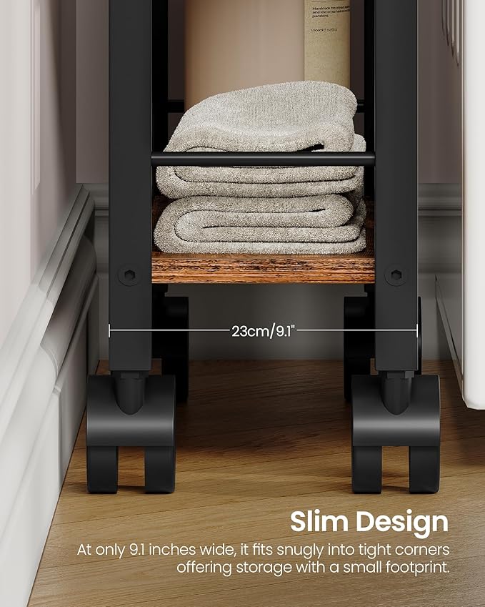 4-Tier Slim Storage Cart, 9.1'' Kitchen Serving Trolley, Slim Rolling Cart with Handle and Guard Rails, Slim Cabinet for Small Spaces, for Dining Room, Rustic Brown and Black TTC03BF