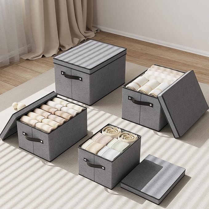 Fabric Storage Bin with Lid, 7.1 x 9.1 x 13 Inch Foldable Storage Box for Shelves with Handles, Decorative Linen Closet Organizer, Gray, 1-Pack