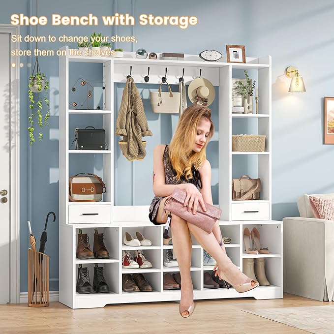 61.6" H White Hall Tree with Bench and Shoe Storage, 6-in-1 Multi-Functional Entryway Bench with 2 Drawers, 5 Coat Racks, Shoe Rack with 13 Shoe Cubbies, Entryway Storage Organizer, White