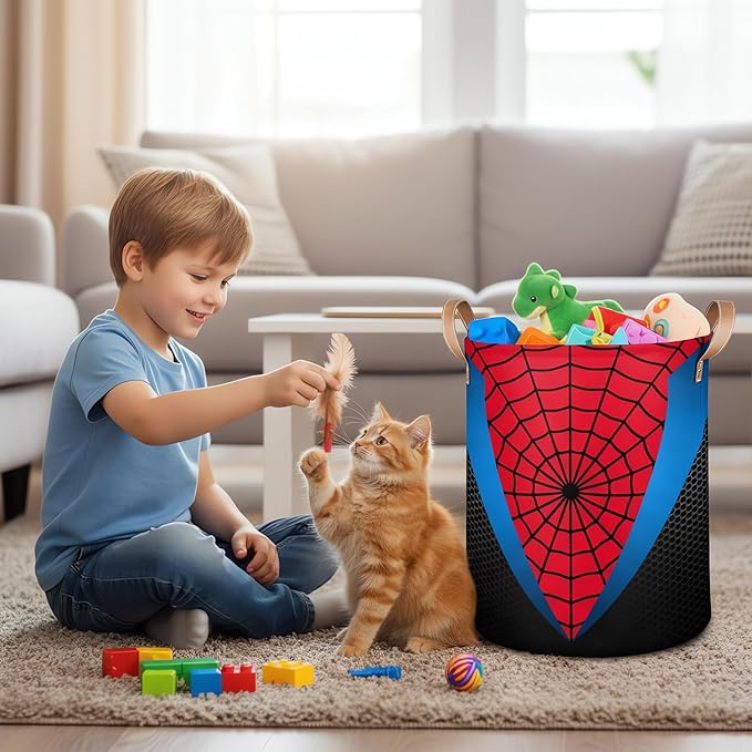 Large Laundry Basket Hamper - Red Blue Spider Web 62L Collapsible Storage Bin for Blankets,Kids Toys, Dirty Clothes, Tall Baby Nursery Hamper for Bathroom, Boys Bedroom Decor,Gift Basket
