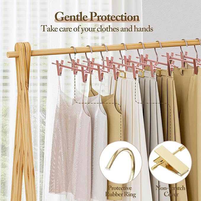 Matte Rose Gold Aluminum Pants Hangers 10 Pack, Lightweight Skirt Hangers with 360°Swivel Hooks and Non-Slip Adjustable Clips for Trousers, Skirts, Jeans, Kids & Adults, Durable, Space-Saving