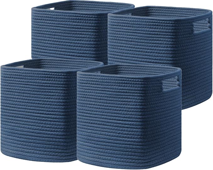 UBBCARE Set of 4 Storage Bins - 13 X 13 X 13 In, Cotton Rope Bins for Shelves, Toys, Books, Cube Storage with Handles, Woven Basket for Organizing, Navy Blue
