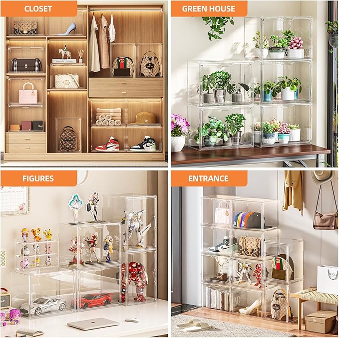 Clear Acrylic Display Case, Extra Large Stackable Storage Bins Magnetic Attraction Lids, 1 Pack Acrylic Box Showcase for Collectibles, Figures, Cosmetic, Purse, Handbag, Wallet, 10.7x10.2x14.2 inch