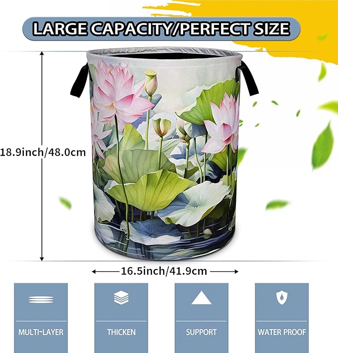 Lotus Laundry Basket Beautiful Flowers Foldable Oxford Cloth Funny Tote Bag Laundry Hamper Clothes Storage Bucket Toy Organizer For Bathroom/Laundry Storage/Bedroom 18.9x16.5 Inch