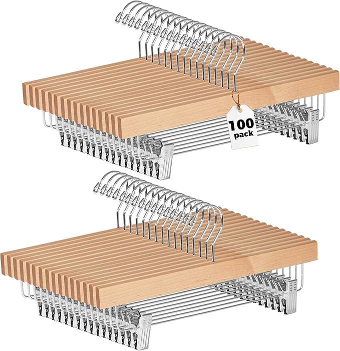 Quality Hangers Wooden Pants Hangers - 100-Pack Swivel Hook Cloth Hanger Set - Lotus Wood Skirt, Pant, Shorts and Slack Hangers with Adjustable Clip – Clothing Hanger Set (Natural, 100)