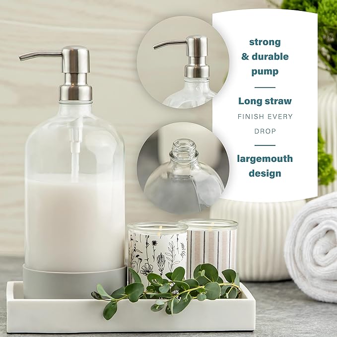 32 oz Glass Pump Bottle Rustproof Stainless Steel Pump, Funnel, and Lids. Modern Farmhouse Vintage Jar, Large Glass Shampoo Bottles with Pump and Laundry Soap Dispenser - Silver