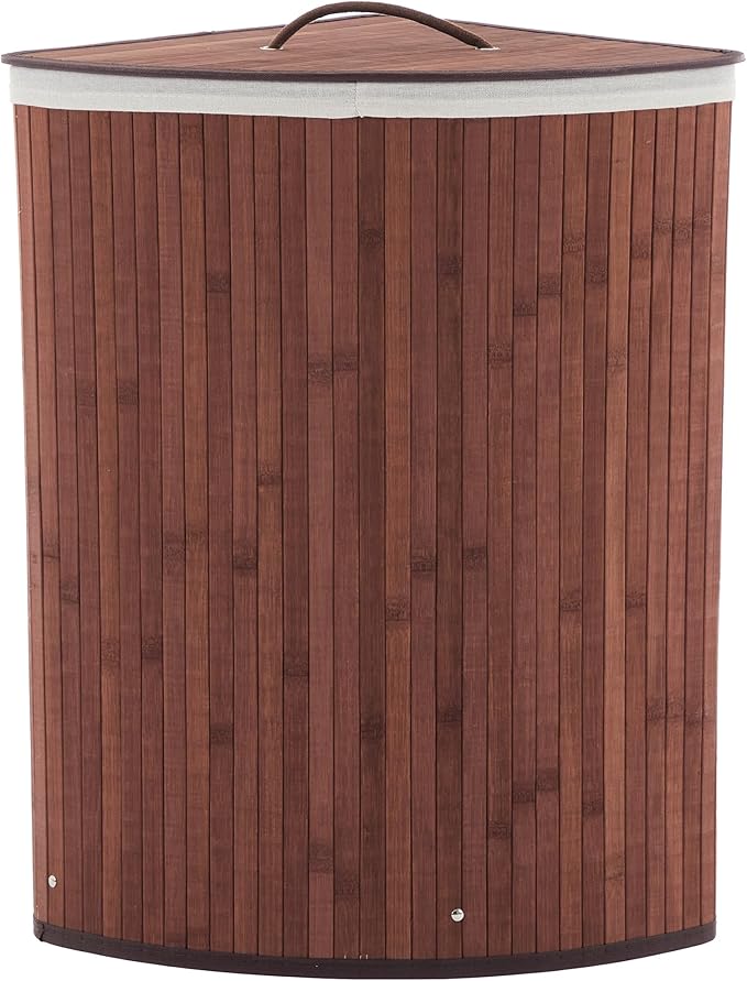 GarveeHome Corner Laundry Hamper with Lid, 15.3 Gal / 58 L Large Foldable Bamboo Laundry Basket with Washable Liner Bag, Wicker Clothes Hamper for Bedrooms Bathrooms Apartments, Brown