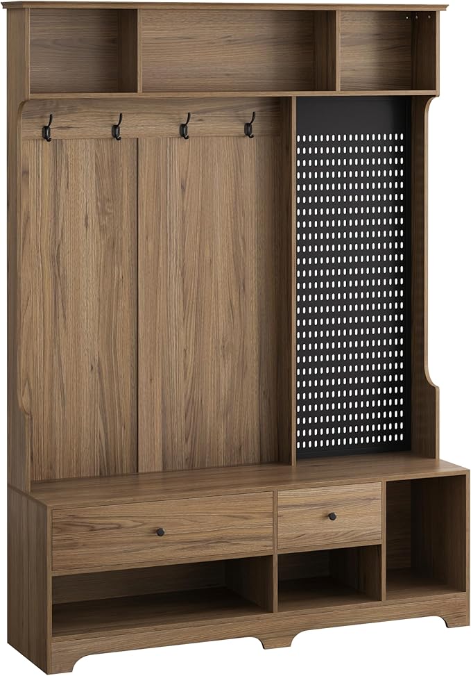 All-in-One Design Hall Tree with Removable Linen Cushioned, Entryway Bench, Coat Rack, Storage Shelves, DIY Pegboard, 4 Hooks, Multi-Purpose Hall Tree for Hallways Living Room