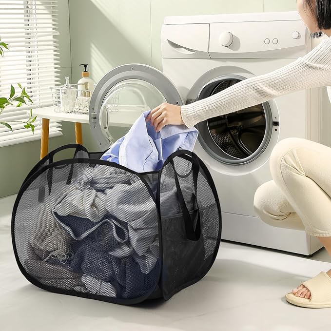 TECHMILLY Collapsible Mesh Pop Up Laundry Hamper with Strong Handles, Large Opening Clothes Hamper with Side Pockets, Storage Baskets for Dorm, Laundry Room, Bathroom or Travel (Black, 90L)