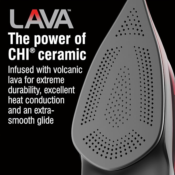 CHI Steam Iron for Clothes, 300+ Holes for Powerful Steaming, Temperature Dial, 1700 Watts, XL 10’ Cord, Auto Shutoff, Lava Infused Ceramic Soleplate, Black (13130)