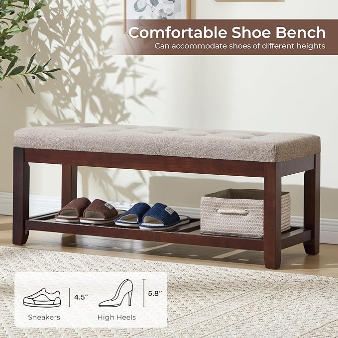 Shoe Bench Entryway, 44" End of Bed Bench,Upholstered Linen Bench for Living Room,Fabric Ottoman Bench with Solid Wood Shelf for Bedroom, Entrance Lightbrown