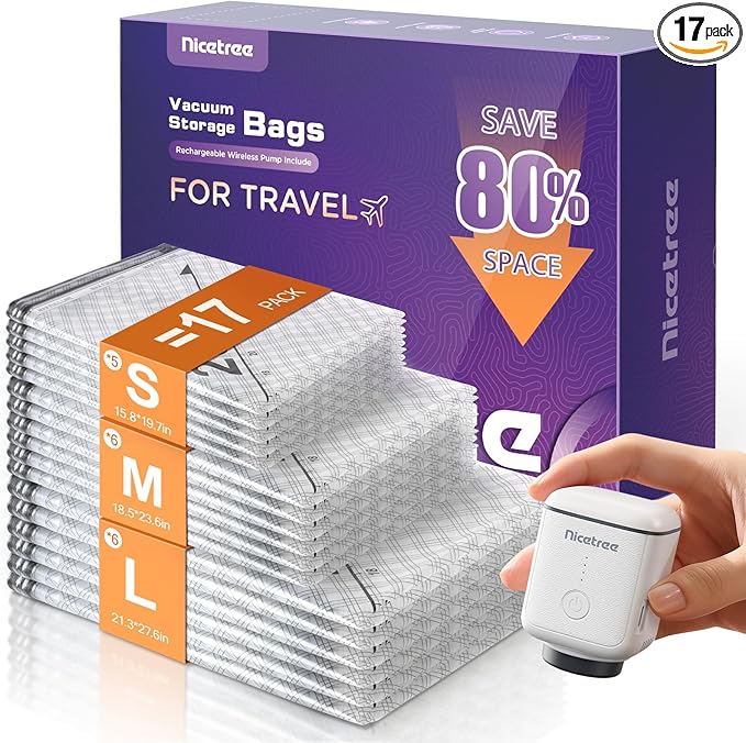 Nicetree 17-Pack Vacuum Storage Bags with Rechargeable Wireless Pump | 3 Sizes (20/24/28 Inch) Travel Vacuum Seal Bags for Clothing, Bedding & Seasonal Storage | Space Saver for Luggage