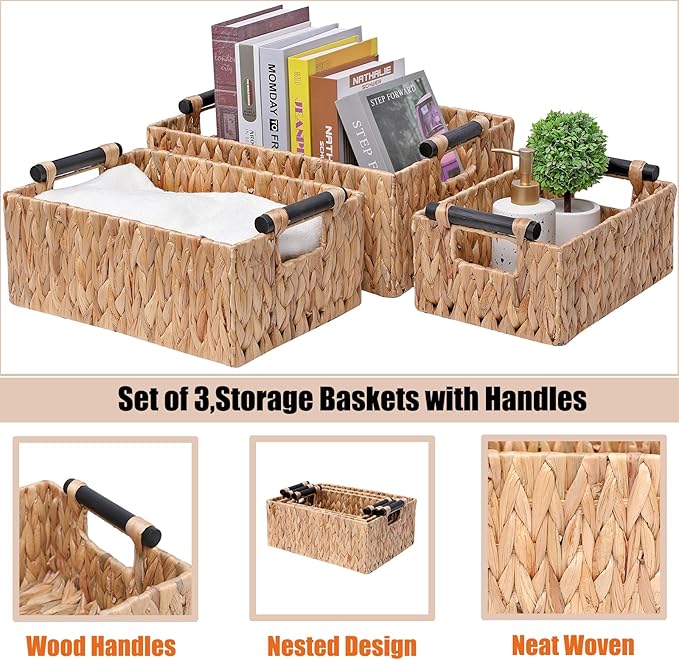 Storage Baskets 3 Pack Storage Baskets for Organizing Toys,Handwoven Storage Bins for Nursery,Natural Water Hyacinth Baskets for Organizing with Wooden Handles