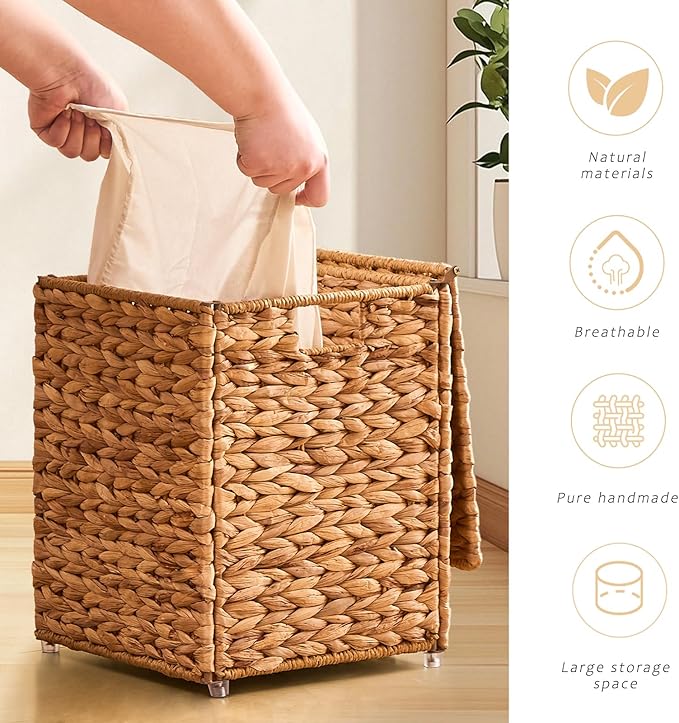 Mini Handwoven Laundry Basket with Lid, Natural Water Hyacinth Storage Basket with Handle, Removable Cotton Liner, Durable and Stylish for Bedroom, Bathroom, Laundry Room