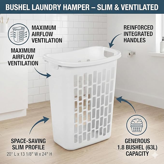 Bushel Laundry Hamper, Slim Rectangular Ventilated Plastic Clothes Basket, Heavy Duty Washing Bin With Reinforced Handles for Bathroom, Dorm, and Closet Organization, White, 1 Pack