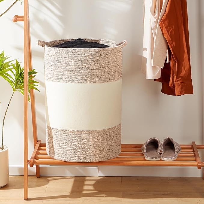90L Jumbo Woven Laundry Hamper,17" x 17" x 24" Extra Large Laundry Basket for Blanket Storage,Tall Baby Nursery Hamper for Toys in Bedroom,Living Room Brown&White