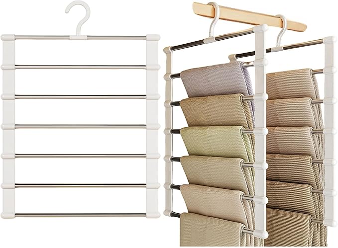 2 Pack Pants Hangers Space Saving,Closet Organizers and Storage,Foldable Trousers Scarf Hangers Collapsible 7 Layer Jeans Hanger for Travel Camping Dorm Room