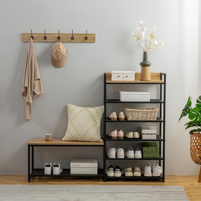 6-Tier Coat Rack Shoe Bench Set, Entryway Bench with 6 Hooks Coat Rack, Hall Tree and Shoe Storage for Entryway, Hallway, Garage, Bedroom (Vintage Oak)