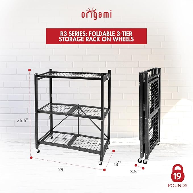Origami 4-Pack General Purpose Foldable 3-Tier Shelf Storage Rack & Wheels, R3, Black