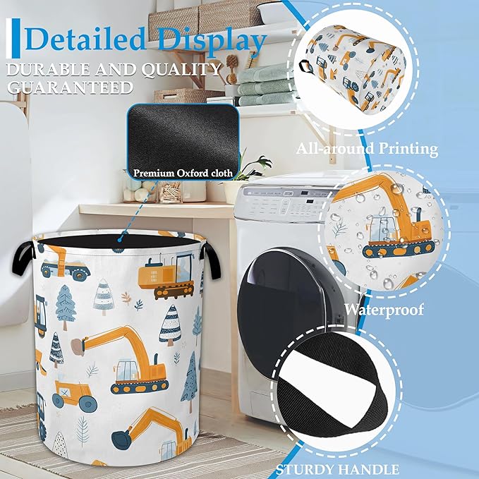 Cartoon Excavator Laundry Basket Collapsible Laundry Hamper Clothes Toy Storage Bin for Bathroom Bedroom Room Decor 16" X 20.8"