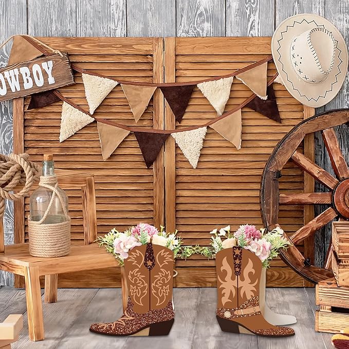 16Pcs Western Cowboy Boots Flower Boxes Centerpiece Brown Boots Shape Box Decorations Western Cowboy Boot Vase Paper Box for Wild West Rodeo Birthday Baby Shower Decoration