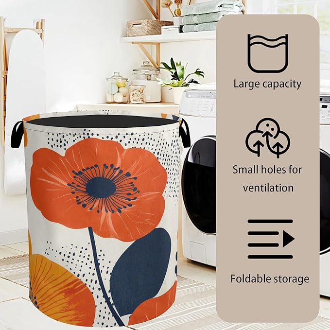 Modern Minimalist Red Flowers Foldable Canvas Laundry Basket with Handles - Storage Organizer, Heavy Duty for Home，Bedroom, Dorm, Bathroom