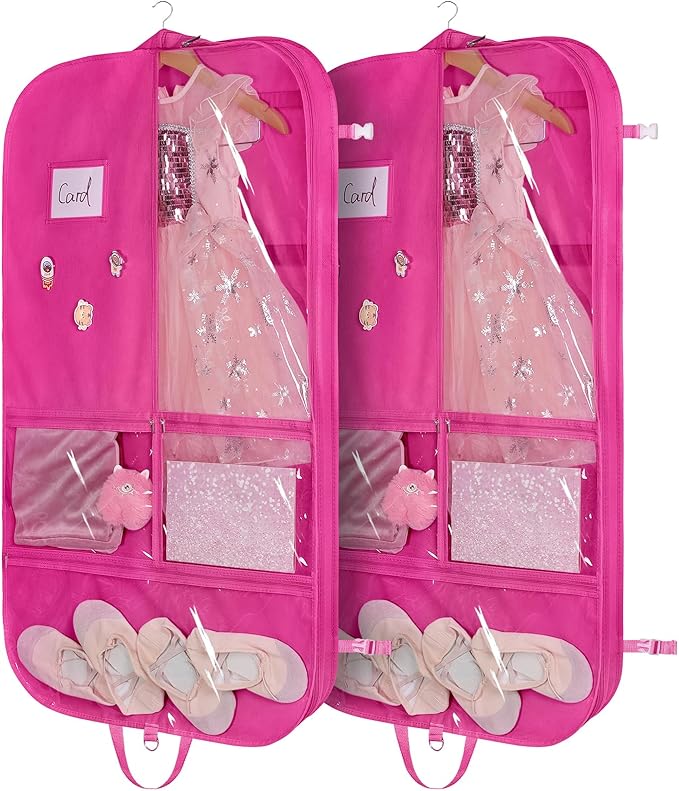 Univivi Rose Red Dance Costume Bags Garment Bag 40 Inch for Dance Competitions, 3 Medium Clear Zipper Pockets and 2 Back Zippered Pockets, with 1 xPendant, 3 x Badge（2 Pack）