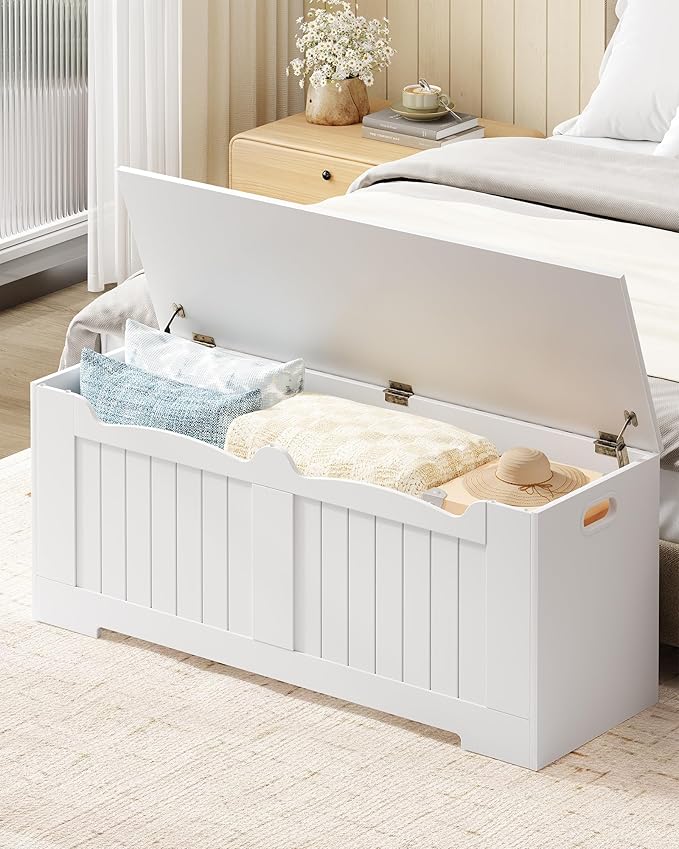47.2" Storage Chest, Extra Large Storage Bench Trunk with 2 Hinges, Wooden Box, Lift-Top Chest Organizer, Shoe Bench for Entryway, Bedroom, Living Room, White SB28603X