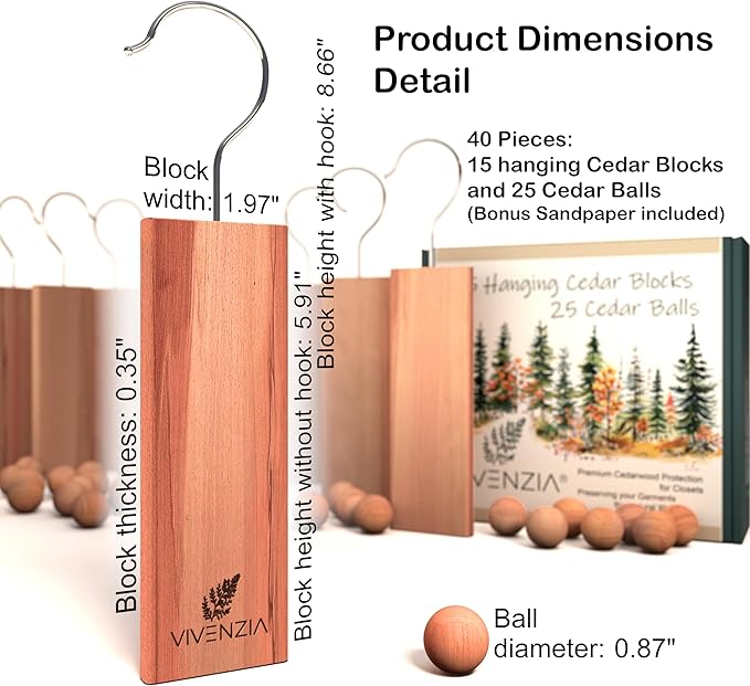 Cedar Blocks for Closet -40 pcs (15 Hang-ups & 25 Balls)- Aromatic Cedar for Closets, Natural Closet Smell Eliminator, Natural Closet Deodorizer, Drawer Fresheners for Dresser.