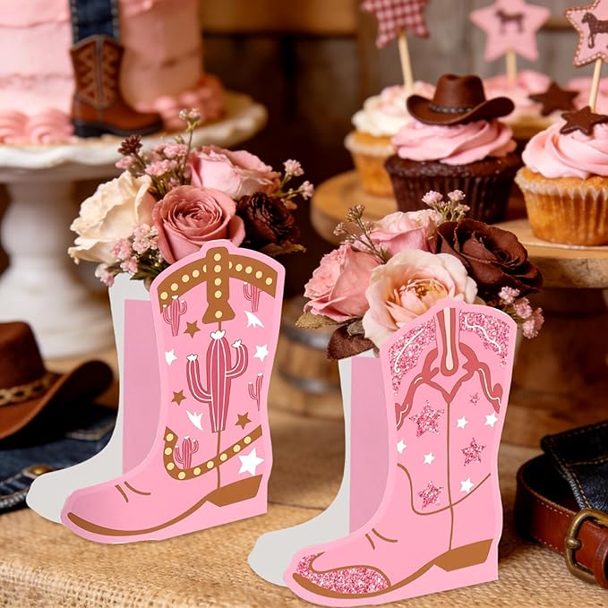 JeVenis 12 PCS Western Cowgirl Boots Flower Boxes Centerpiece Boot Shape Gift Boxes Party Decoration Vase Pink Centerpieces Boot Rodeo Birthday Baby Shower Wedding Supplies