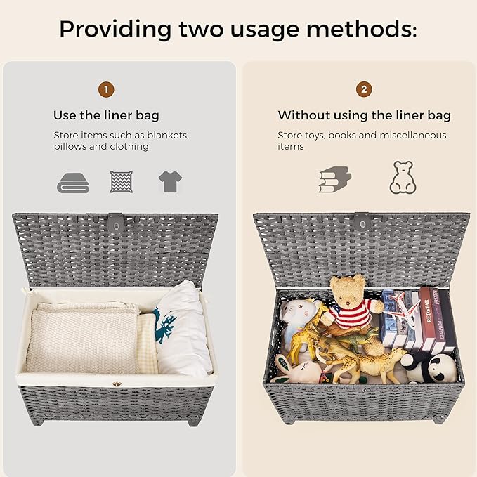 Wicker Storage Basket with Lid,Rattan Shelf Basket with Removable Liner Bag,200L Storage Bin,Storage Trunk with Heightened Feet,Storage Container for Wardrobe,Home Organizer