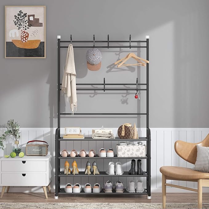 UDEAR Entryway Coat Rack,3-in-1 Hall Tree Multifunctional Storage Shelf with 4-Tier Shoe Bench and 8 Hooks,16-20 Pairs of Shoes,Easy Assembly,for Entrance Foyer Bedroom Barthroom,Black