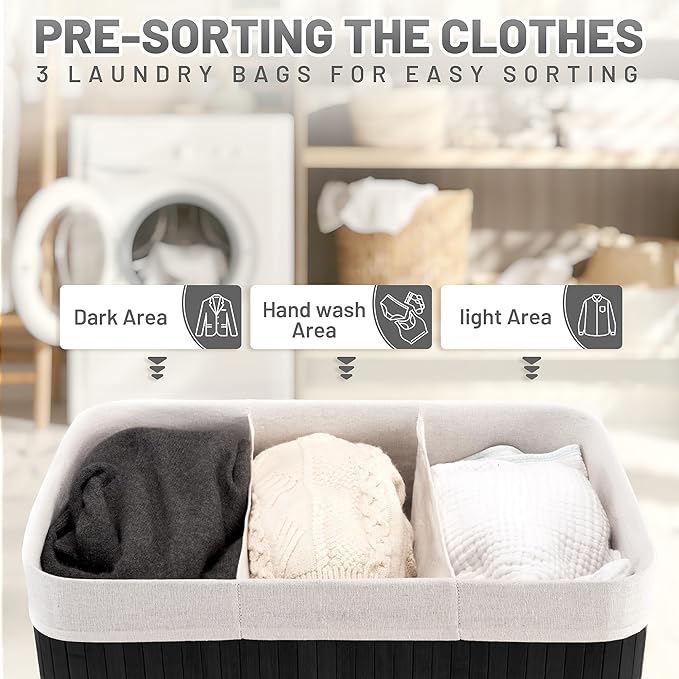 150L Laundry Hamper with lid, 3-Section Clothes Laundry Basket with Handles, Large Collapsible Bamboo Baskets for Bedroom, Bathroom, Dorm, Ink Black