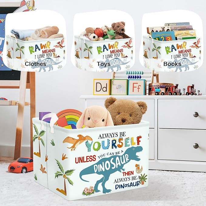 Dinosaur Laundry Hamper Large Storage Basket Cartoon Dino Collapsible Parents Organizer Kids Toy Clothes Bins for Bedroom, Bathroom, Boho Words, 36L