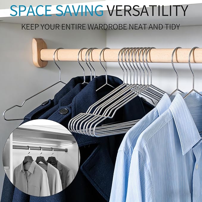 40 Pack Metal Wire Coat Hangers, 16.5 Inch Heavy Duty Stainless Steel Clothes Hangers, Thin Space Saving Pants Hanger for Coats, Jackets, Pants, Shirts, Commercial and Home, Silver