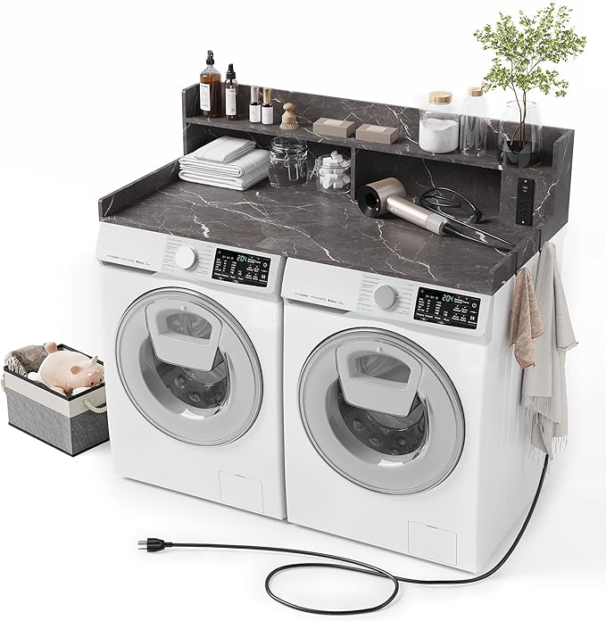 Upgraded 2-Tier Washer and Dryer Countertop with Power Outlet,54" W x 27.6" D Large Laundry Countertop for Fold Clothes, Laundry Topper with Non-Slip Pads & Metal Hooks and Storage Basket